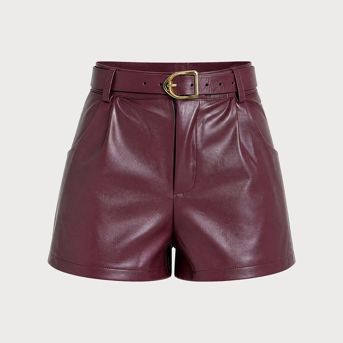 Pantalones Cortos De Cuero Sintético Color Vino Con Cinturón Y Bolsillos Falda