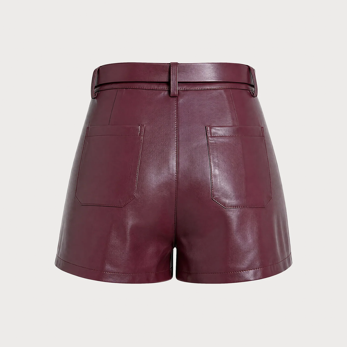 Pantalones Cortos De Cuero Sintético Color Vino Con Cinturón Y Bolsillos Falda