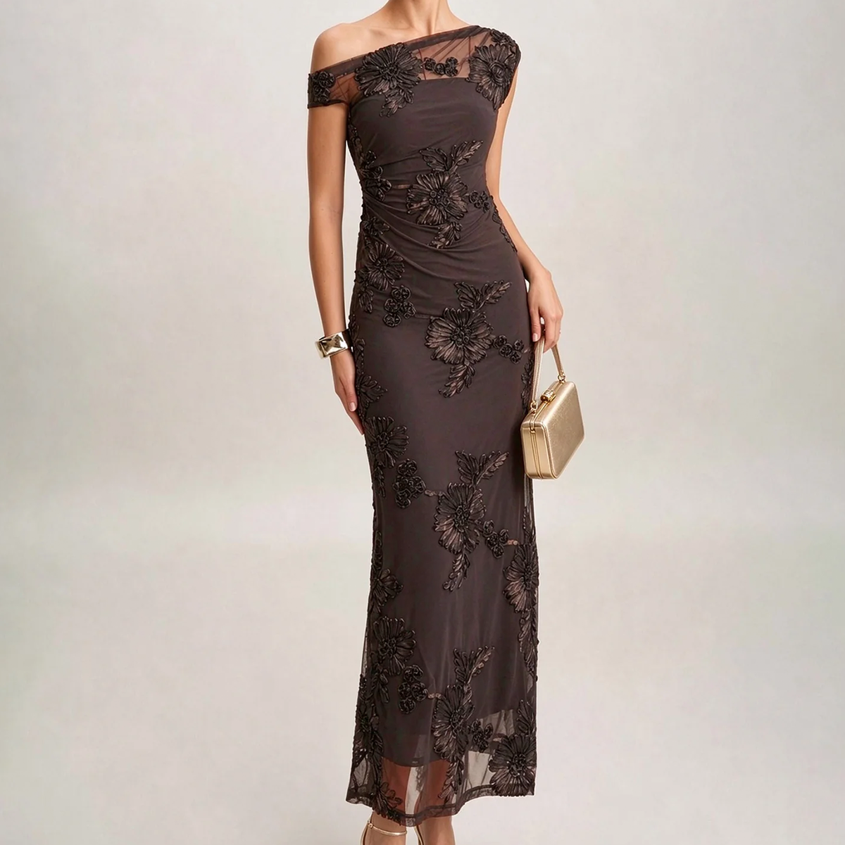 Vestido Largo Midi Color Café De Un Hombro Con Aplicaciones Florales