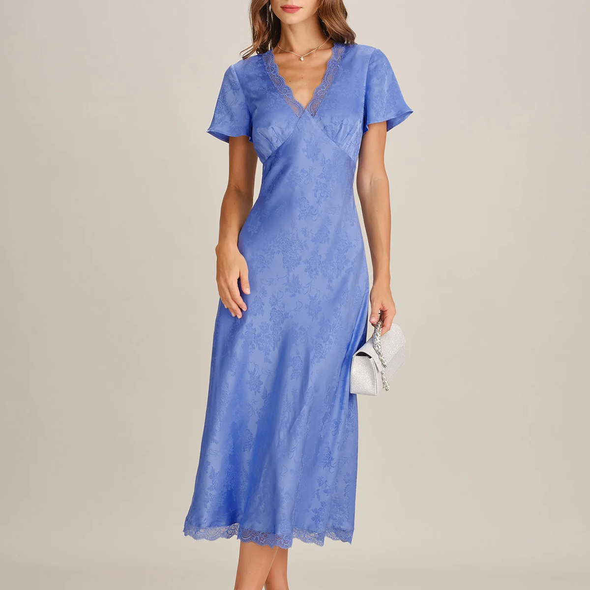 Vestido Midi Azul De Satén Jacquard Con Escote En V Y Detalles De Encaje