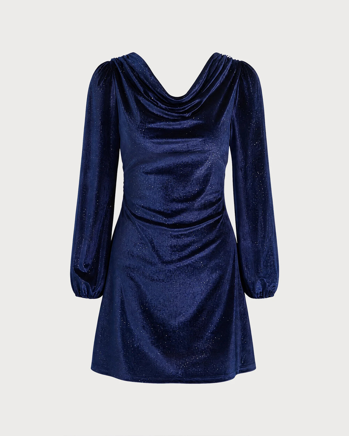 Vestido Mini Terciopelo Azul Con Escote Cowl Y Mangas Abullonadas