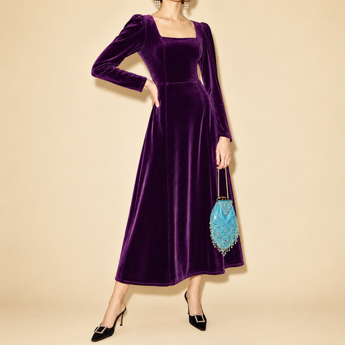 Vestido Midi De Terciopelo Morado Con Escote Cuadrado Y Mangas Largas